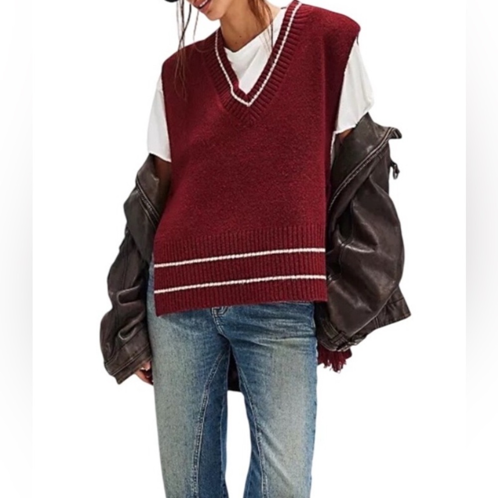 Free People All Star Stripe Poncho Oversized Varsity Sweater Vest Tassel Boho